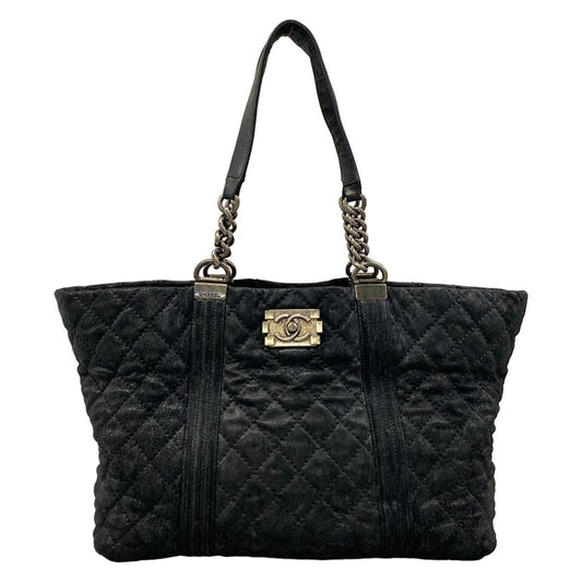 Chanel Tote Bag Boy Black Chain Shoulder Vintage Silver Leather
