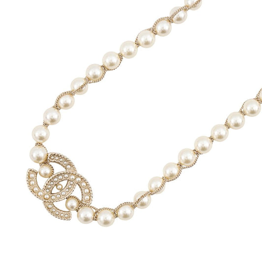 Chanel Necklace Faux Pearl CC Logo Rhinestone