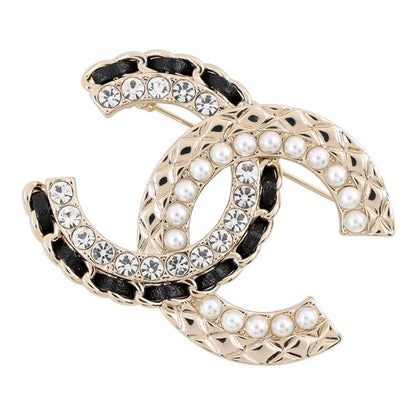 Chanel Brooch CC Logo Rhinestone Faux Pearl Lambskin