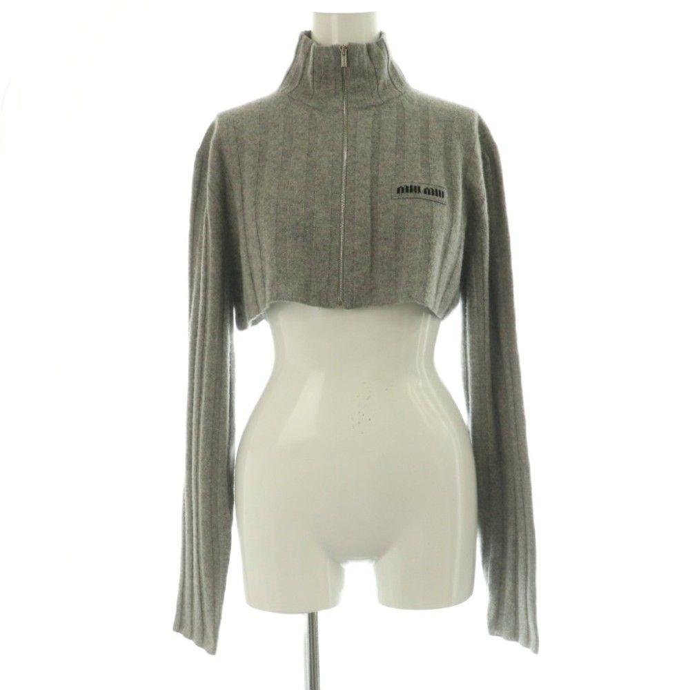Miu Miu 25 AW Cropped Wool Cashmere Cardigan Knit Long Sleeve Zip Up Gray 36