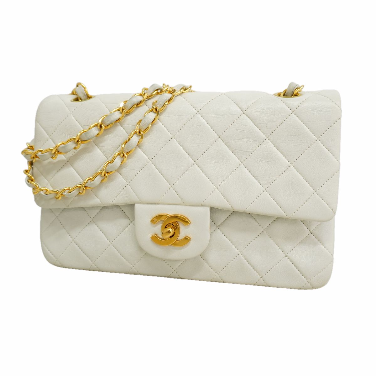 Chanel Shoulder Bag Quilted Lambskin White Gold