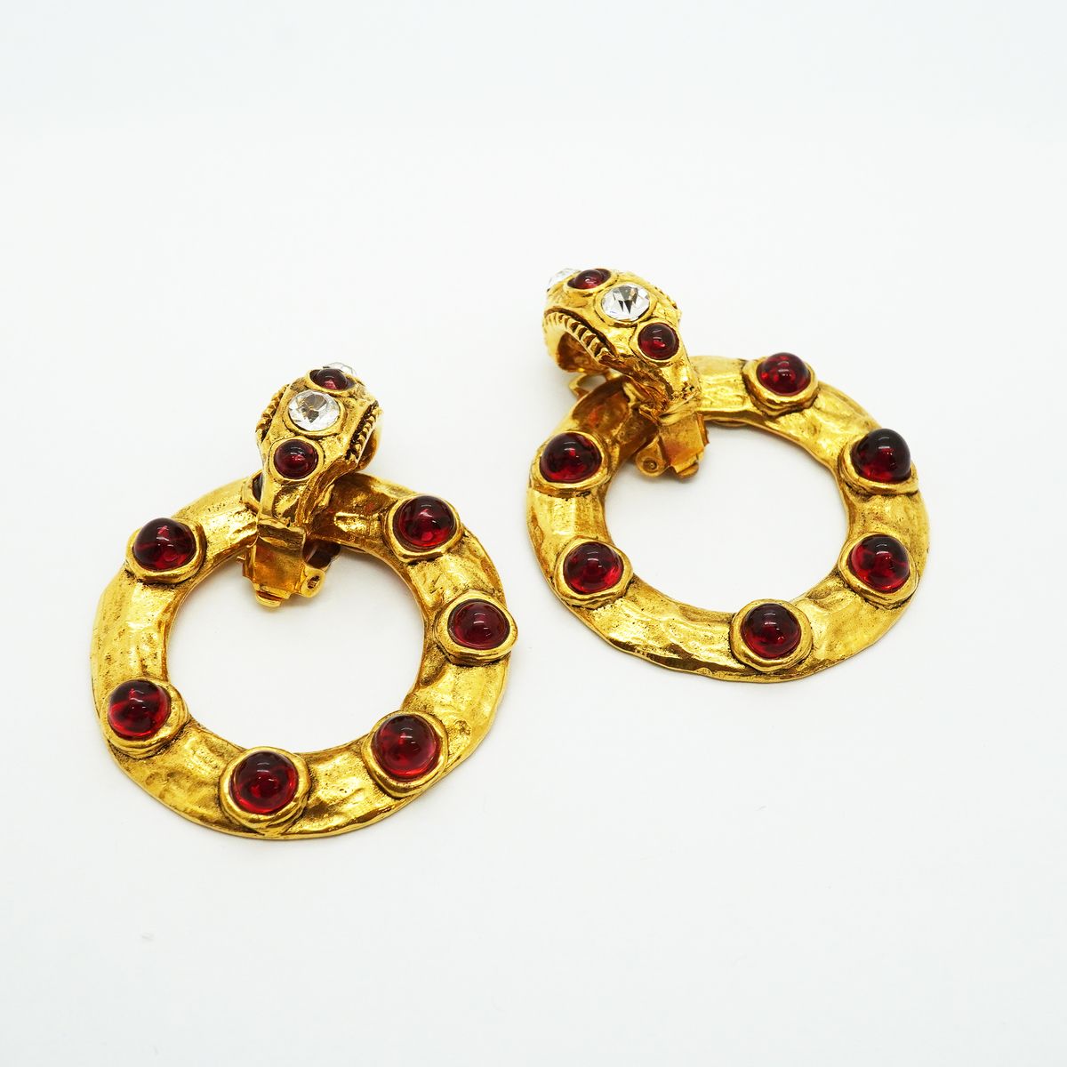 Chanel Earrings Vintage Round Circle Gold Plated Rhinestone Red — view 2