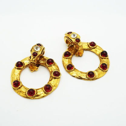 Chanel Earrings Vintage Round Circle Gold Plated Rhinestone Red — view 2