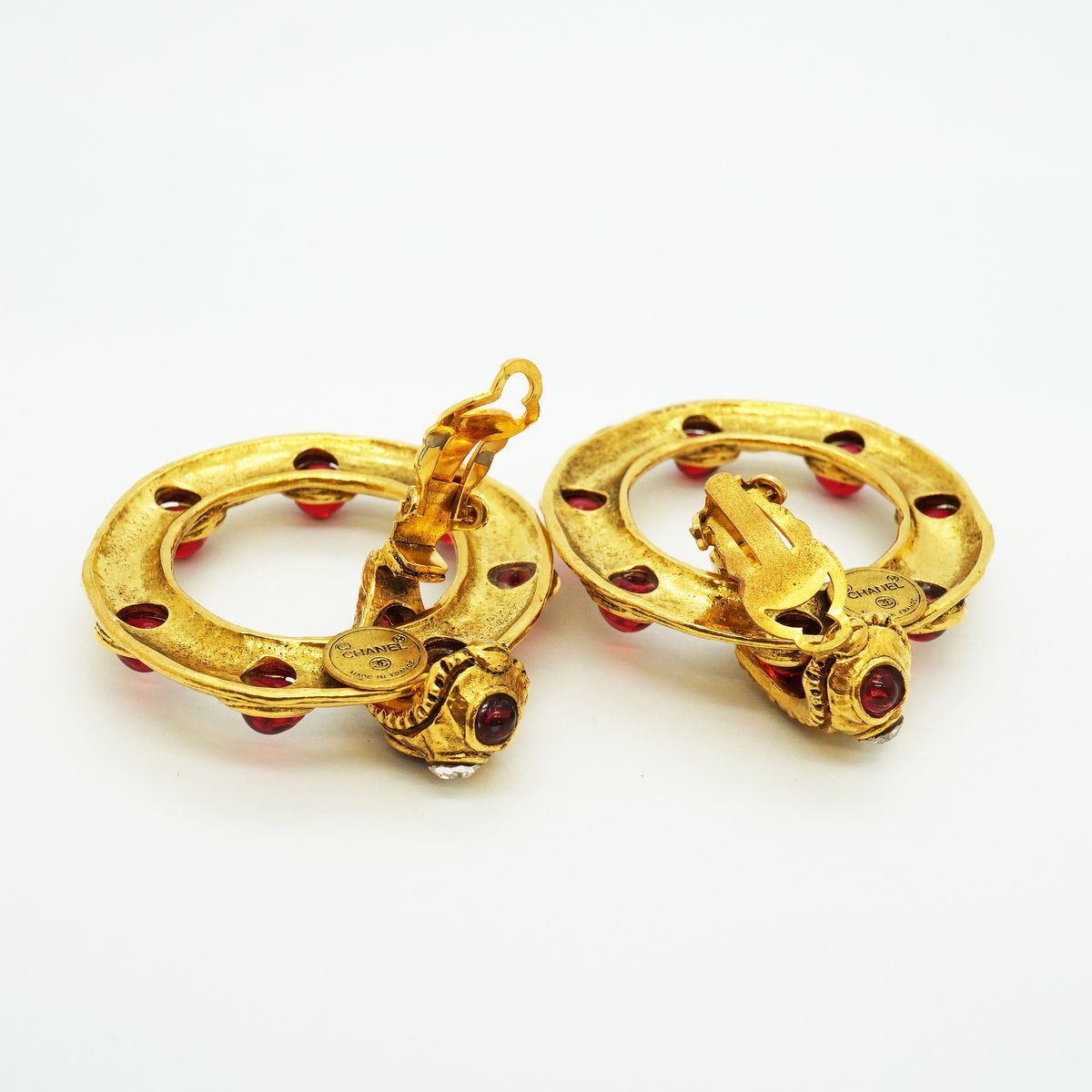 Chanel Earrings Vintage Round Circle Gold Plated Rhinestone Red — view 3