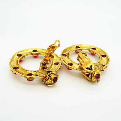 Chanel Earrings Vintage Round Circle Gold Plated Rhinestone Red — view 3
