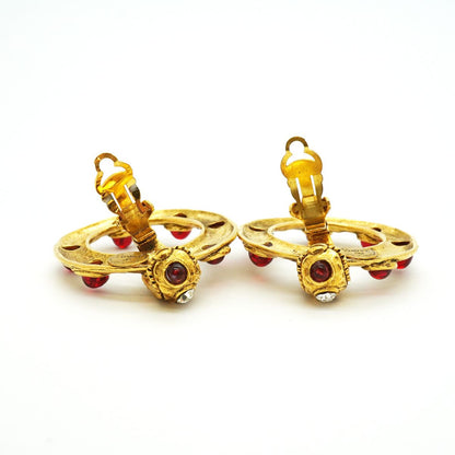 Chanel Earrings Vintage Round Circle Gold Plated Rhinestone Red — view 6