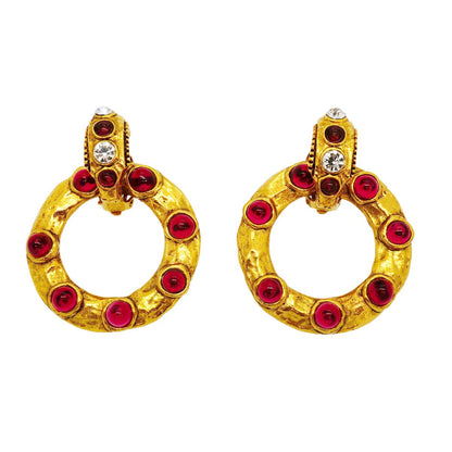 Chanel Earrings Vintage Round Circle Gold Plated Rhinestone Red