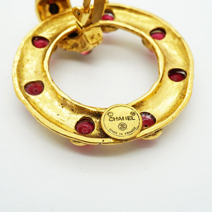 Chanel Earrings Vintage Round Circle Gold Plated Rhinestone Red — view 4