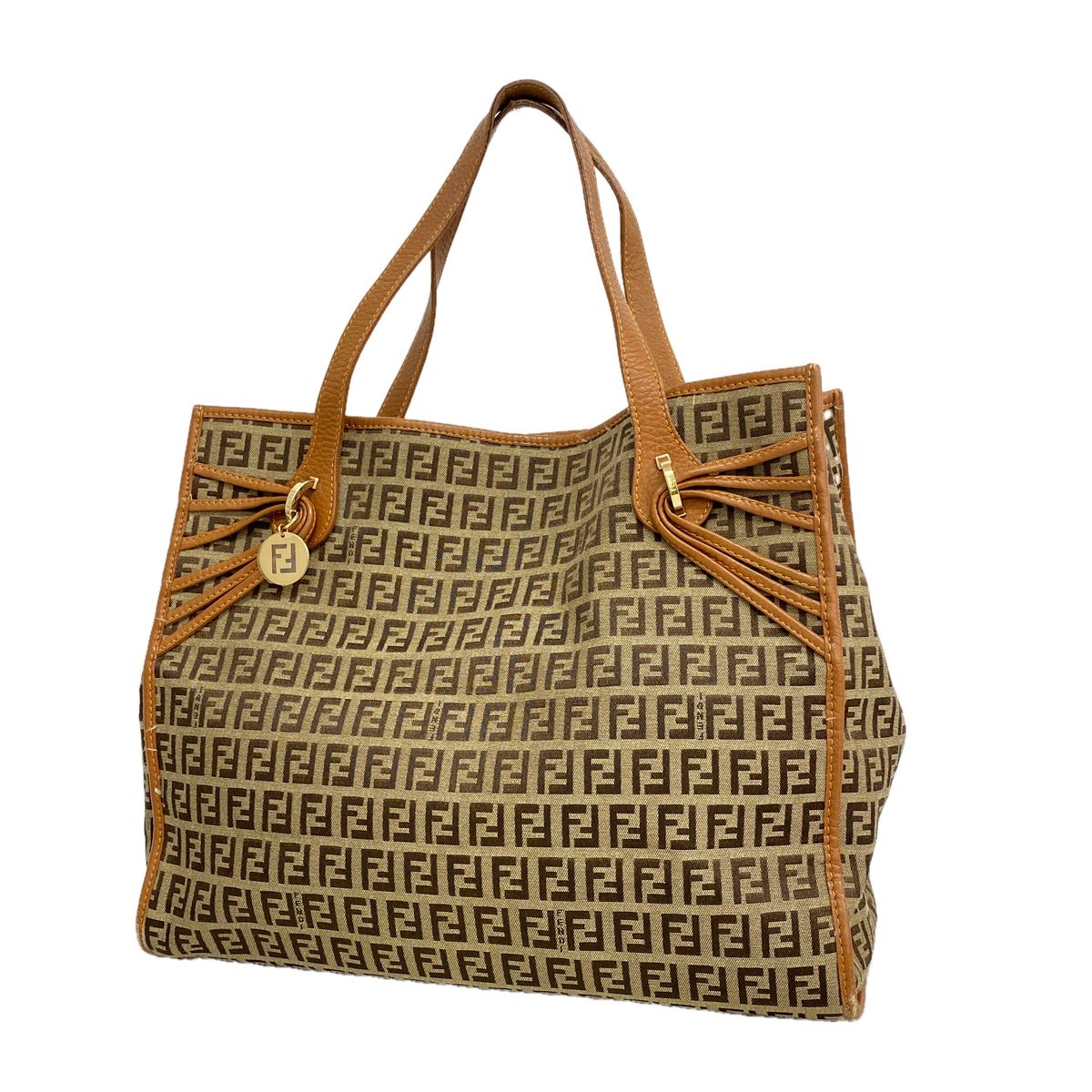 Fendi Tote Bag Zucchino Nylon Canvas Brown Gold