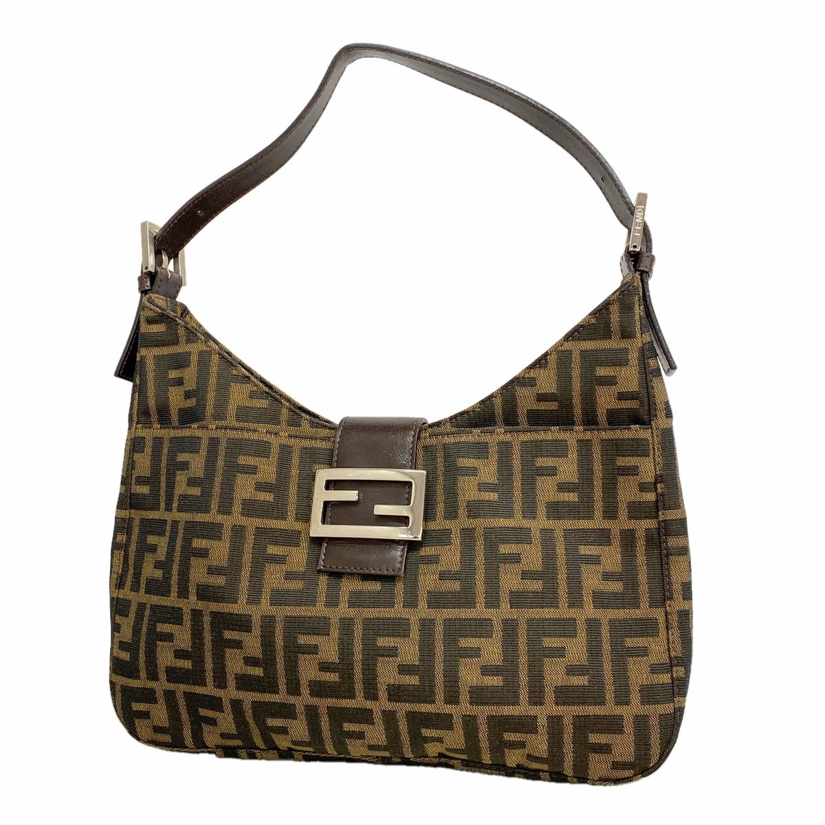 Fendi Shoulder Bag Zucca Nylon Canvas Brown Silver