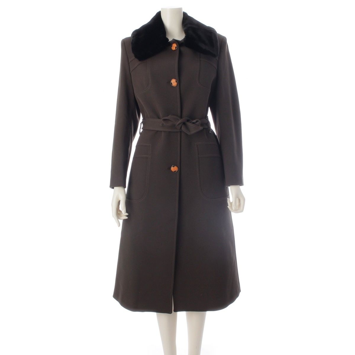 Fendi Nylon Wool Fur Long Coat Brown 40