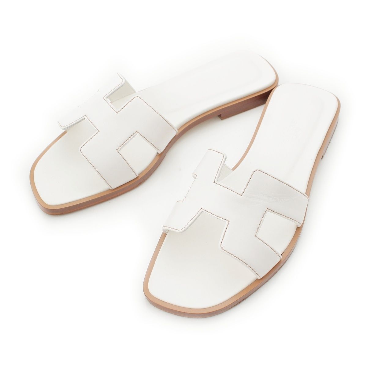 Hermes Oran Leather Sandals White