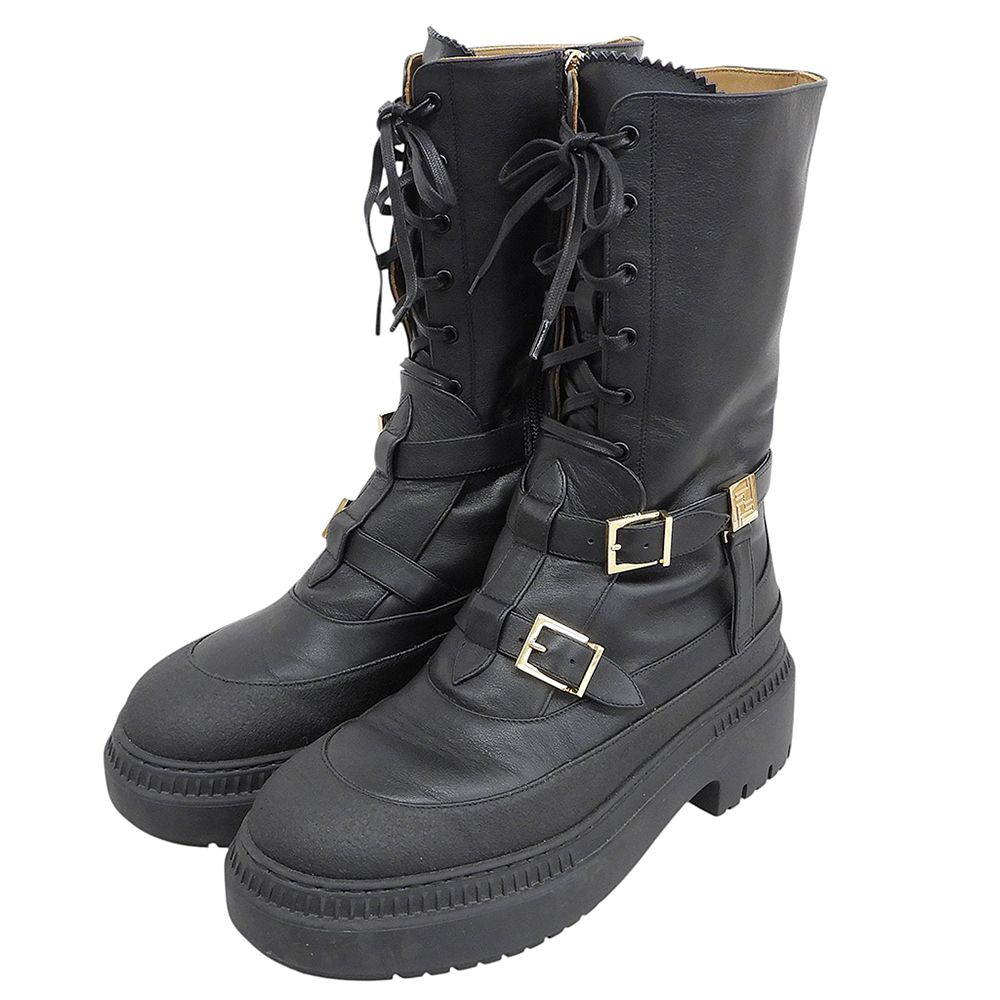 Fendi Leather Delfina Logo Zip Biker Boots Shoes Black