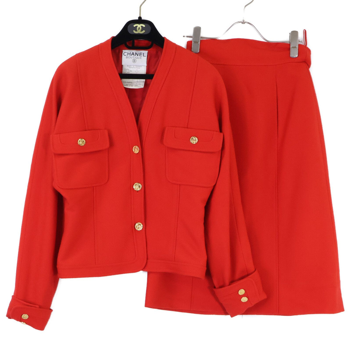 Chanel Wool Mademoiselle Button Collarless Jacket Skirt Set 36