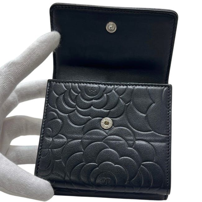 Chanel Trifold Wallet Snap Camellia Leather Lambskin Black CC Logo — view 5