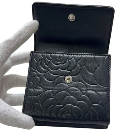 Chanel Trifold Wallet Snap Camellia Leather Lambskin Black CC Logo — view 5