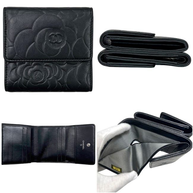 Chanel Trifold Wallet Snap Camellia Leather Lambskin Black CC Logo — view 2