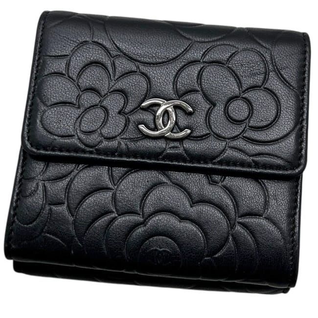 Chanel Trifold Wallet Snap Camellia Leather Lambskin Black CC Logo — view 8