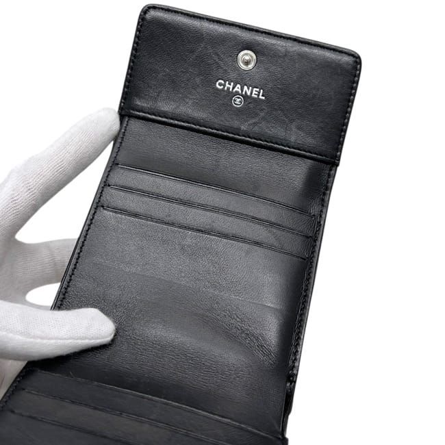 Chanel Trifold Wallet Snap Camellia Leather Lambskin Black CC Logo — view 6