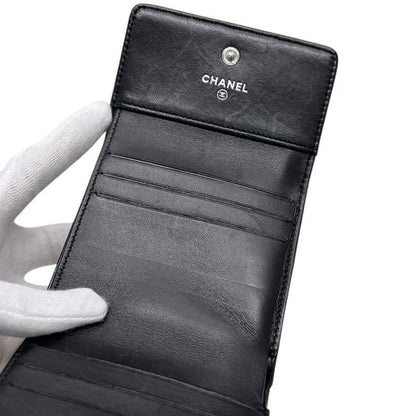 Chanel Trifold Wallet Snap Camellia Leather Lambskin Black CC Logo — view 6
