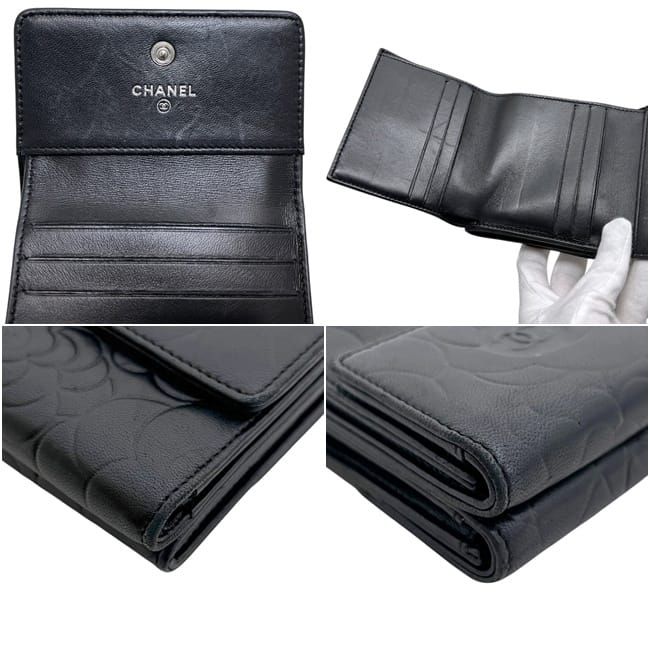 Chanel Trifold Wallet Snap Camellia Leather Lambskin Black CC Logo — view 7