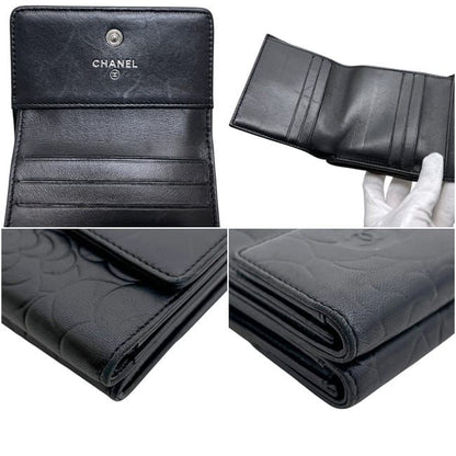Chanel Trifold Wallet Snap Camellia Leather Lambskin Black CC Logo — view 7
