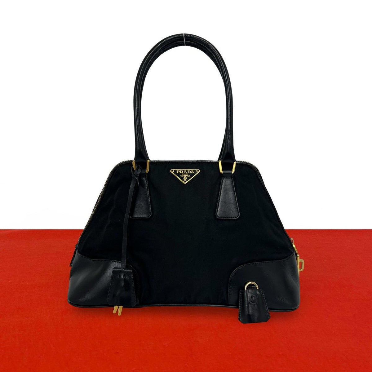 Prada Triangle Logo Tessuto Pocono Nylon Leather Shoulder Bag Black with Key