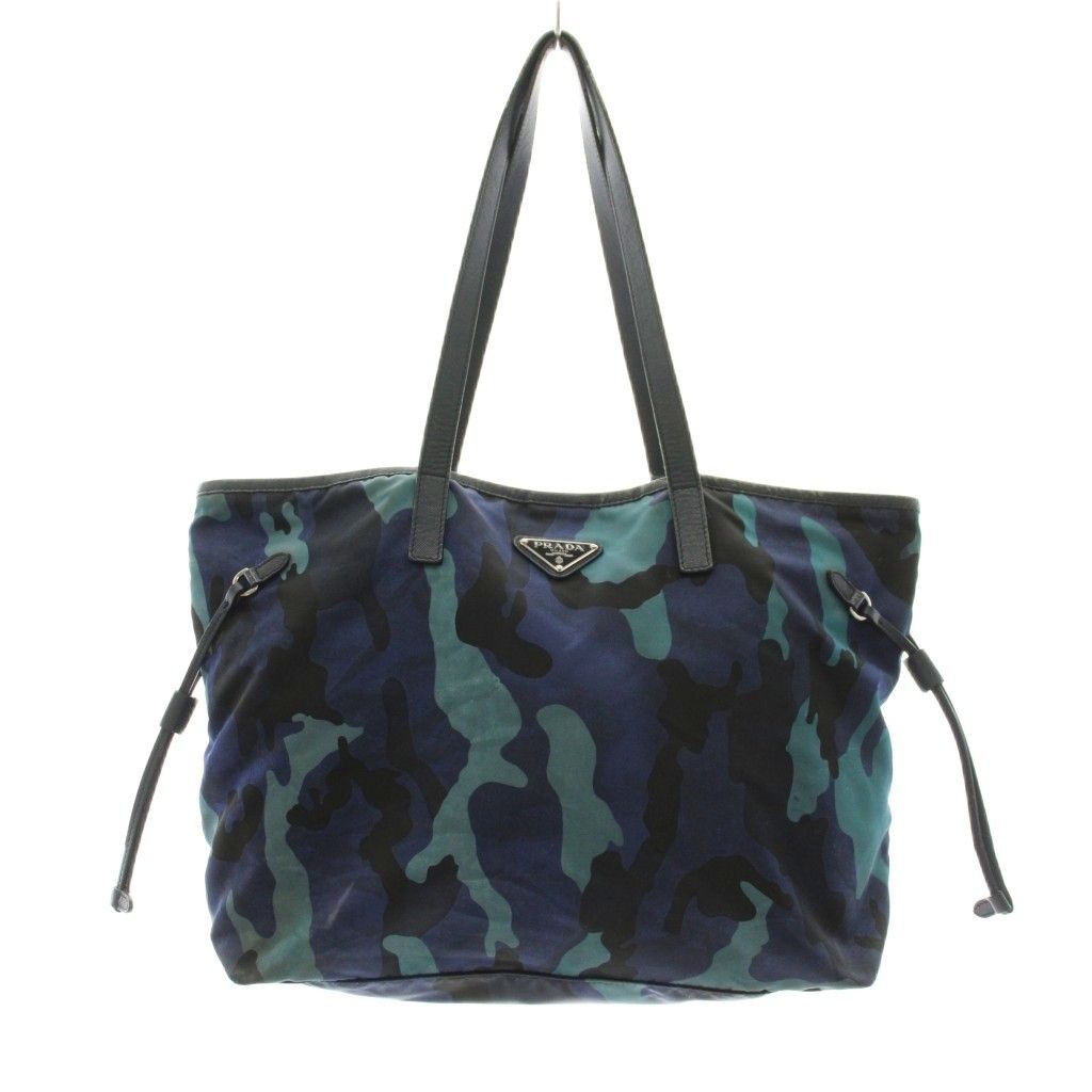 Prada Tote Bag Camouflage Triangle Logo Nylon Leather Blue Navy