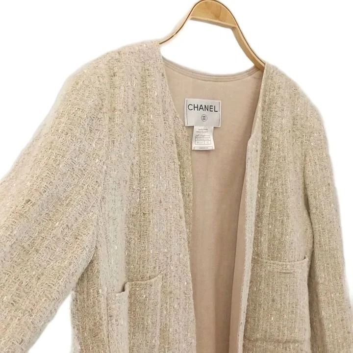 Chanel 99P Tweed Long Jacket Collarless Beige 42 — view 3