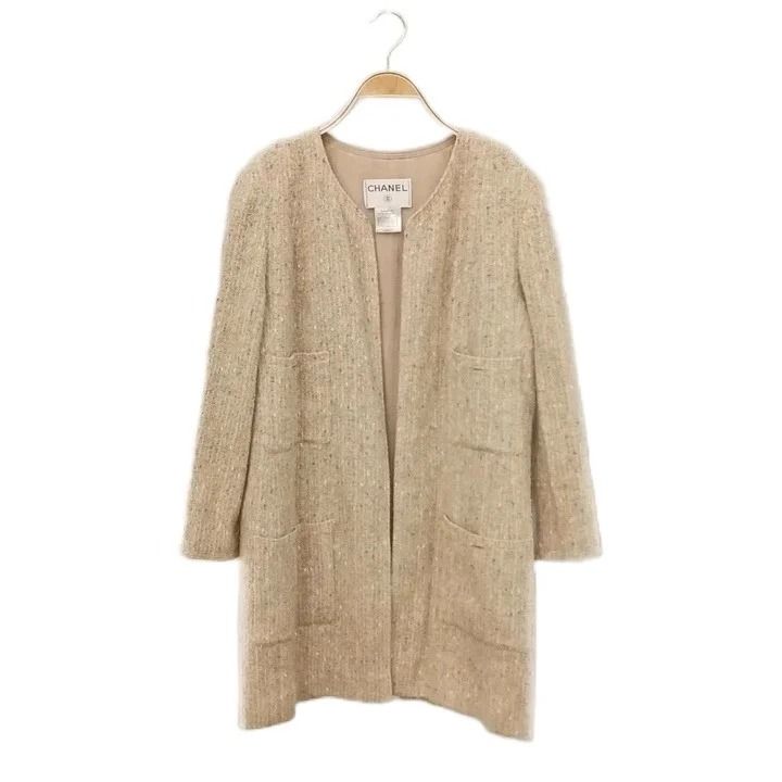 Chanel 99P Tweed Long Jacket Collarless Beige 42