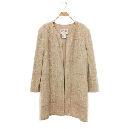 Chanel 99P Tweed Long Jacket Collarless Beige 42