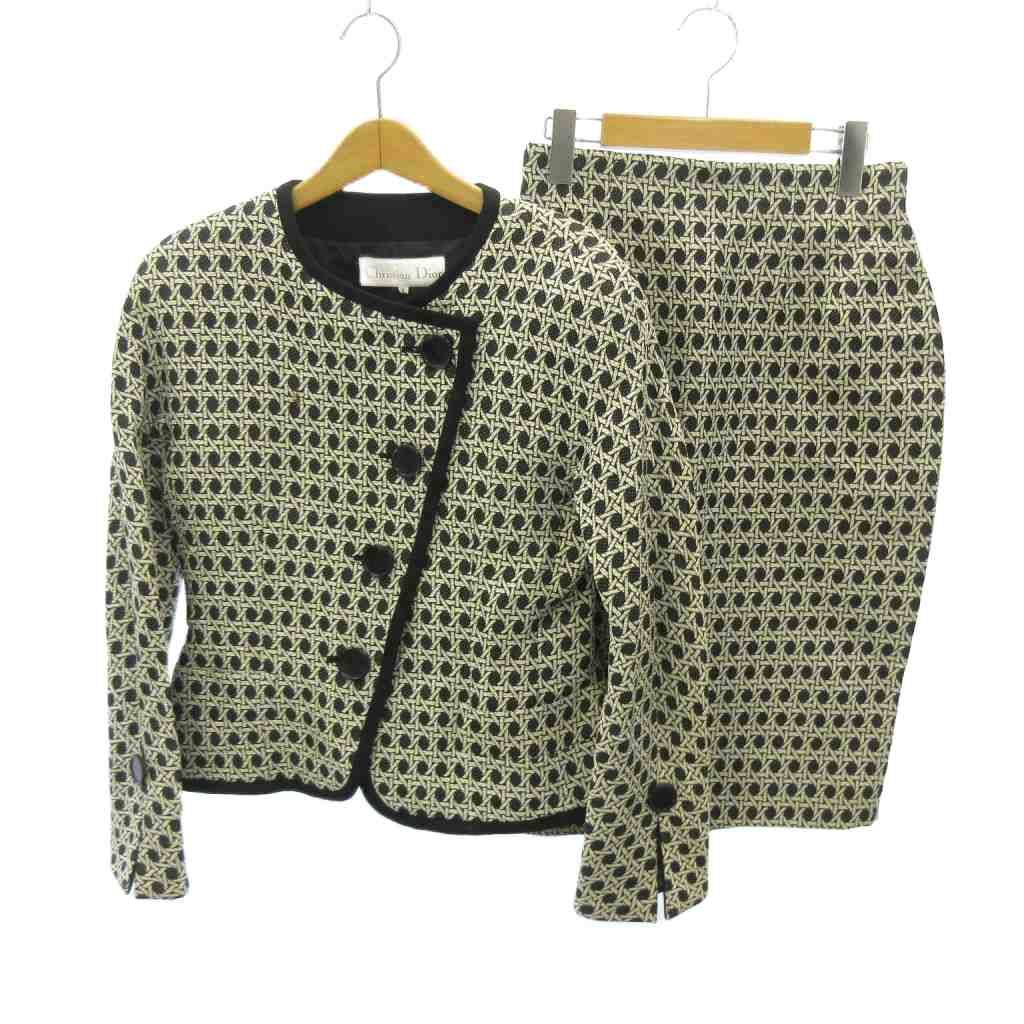 Dior Vintage Suit Set Collarless Jacket Pencil Skirt All Over Print 9 White