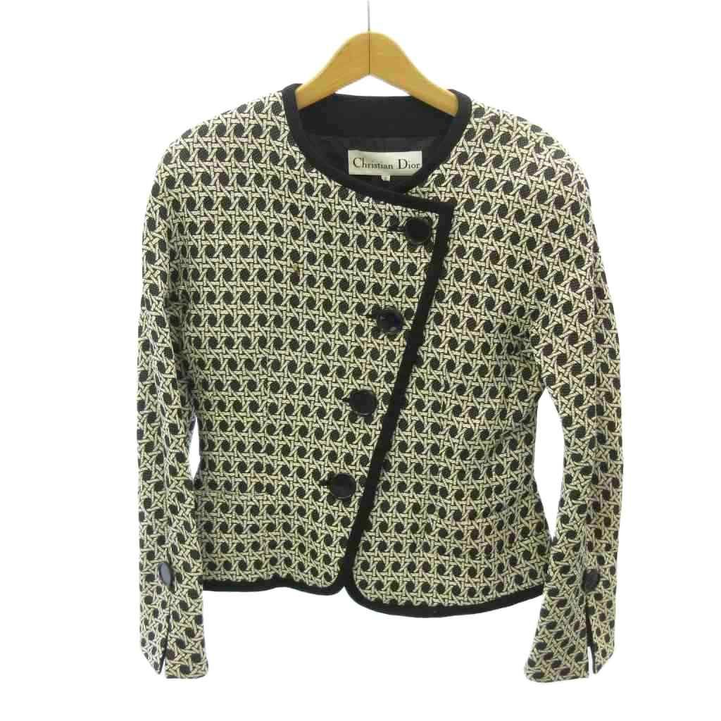 Dior Vintage Suit Set Collarless Jacket Pencil Skirt All Over Print 9 White — view 2