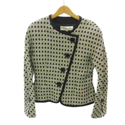 Dior Vintage Suit Set Collarless Jacket Pencil Skirt All Over Print 9 White — view 2