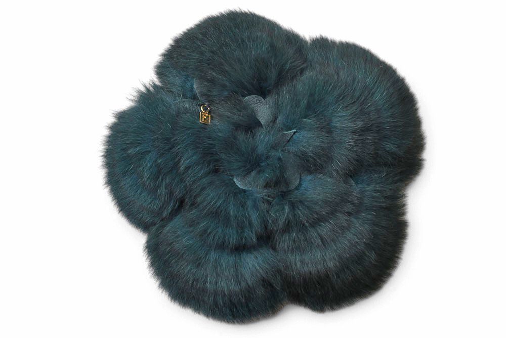 Fendi Brooch Flower Motif Fur Corsage Deep Green