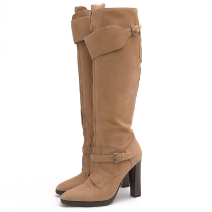 Hermes Long Boots Shoes Suede Leather Beige High Heels Sole