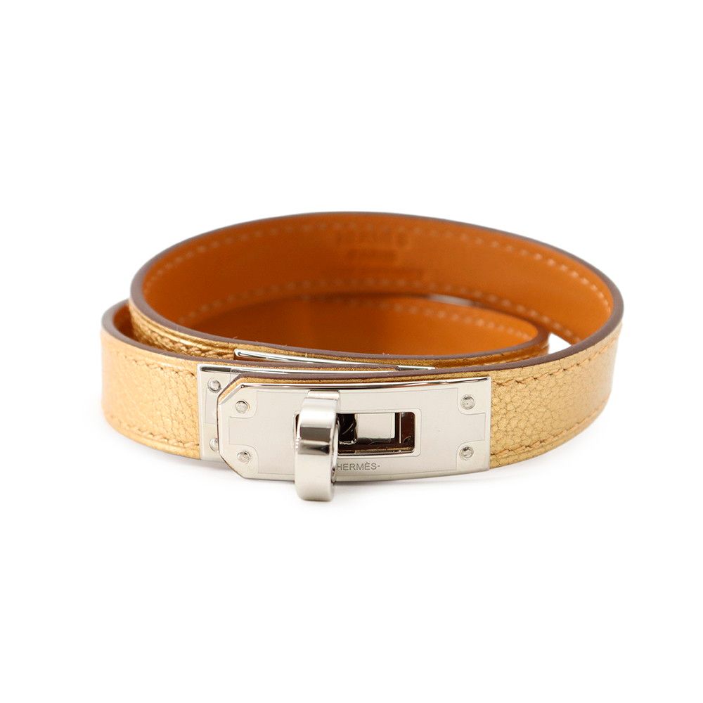 Hermes Bracelet Kelly Double Tour Dore Silver Chevre Chamkila T3