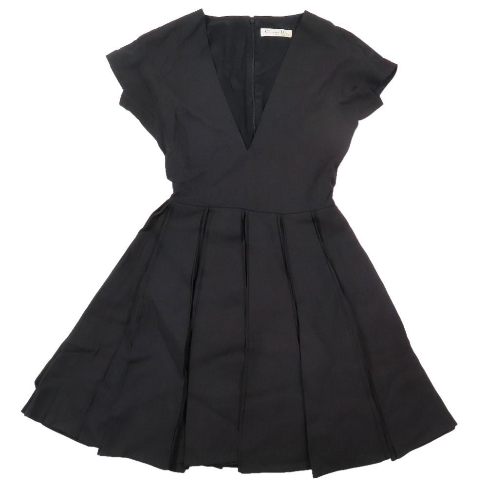 Dior Dress Pleats Short Length French Sleeve V-neck Black 36