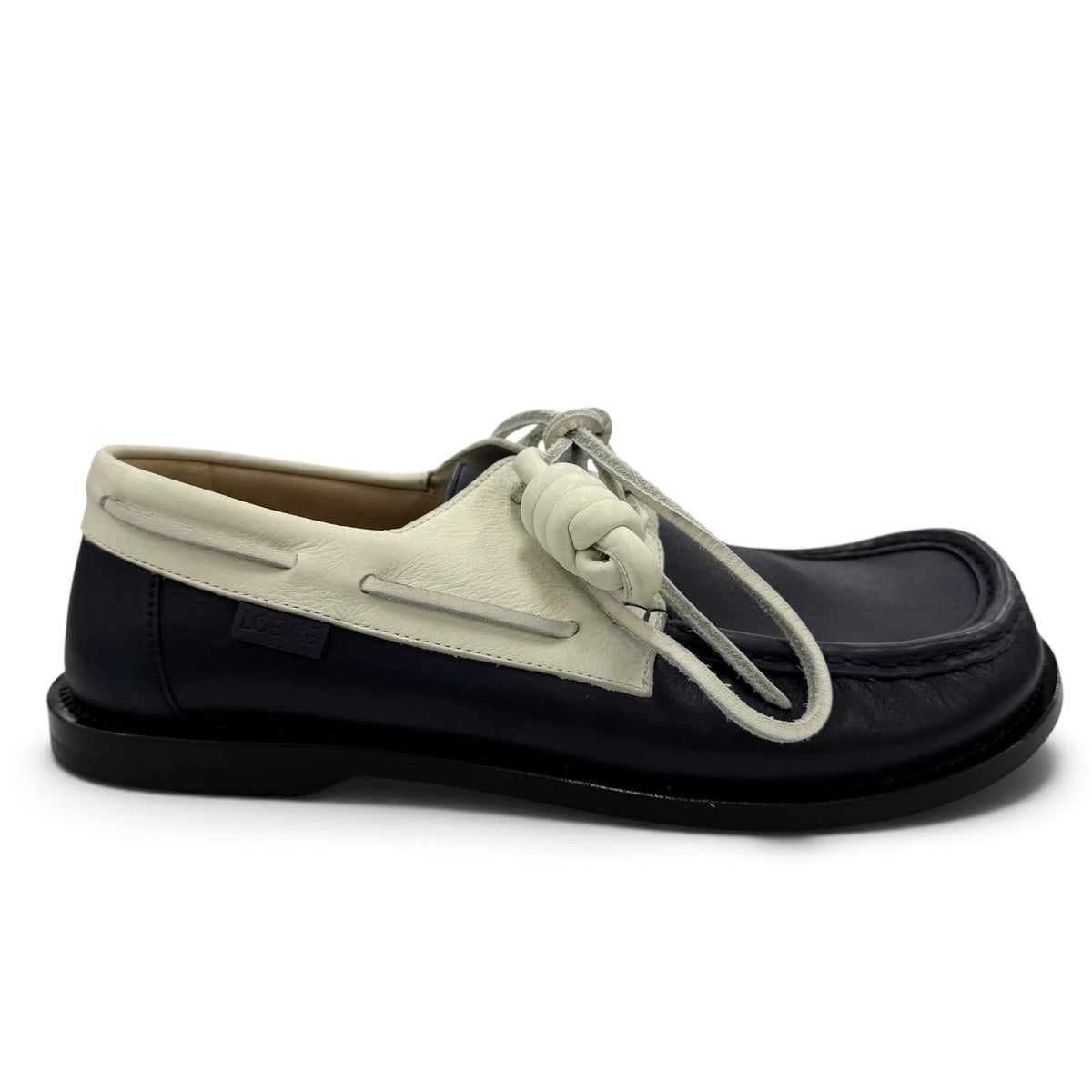 Loewe Campo Logo Stamp Leather Boat Shoes Deck Navy Ivory — view 6