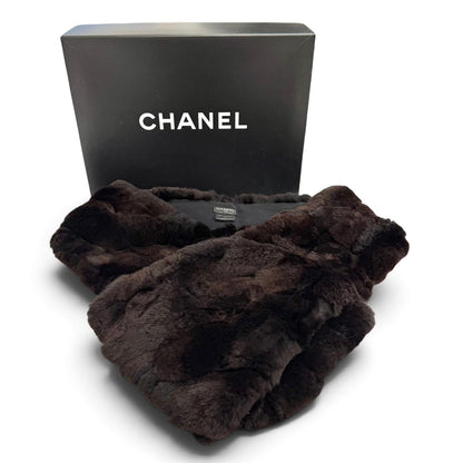 Chanel Rabbit Fur Lining Silk 100% Shawl Tippet Collar Fur Dark Brown Scarf — view 2