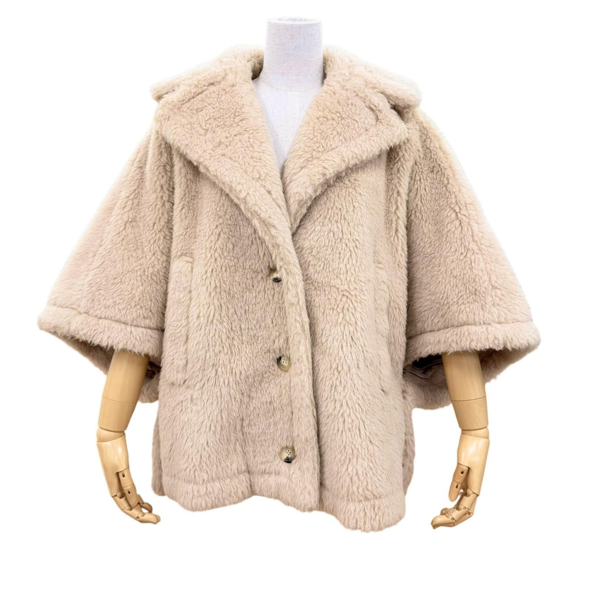 Max Mara Teddy Bear Alpaca Silk Blend Cape Poncho Coat Beige