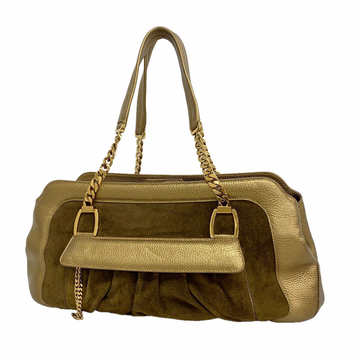 Cartier Shoulder Bag Ladogna Suede Leather Brown Metallic Gold