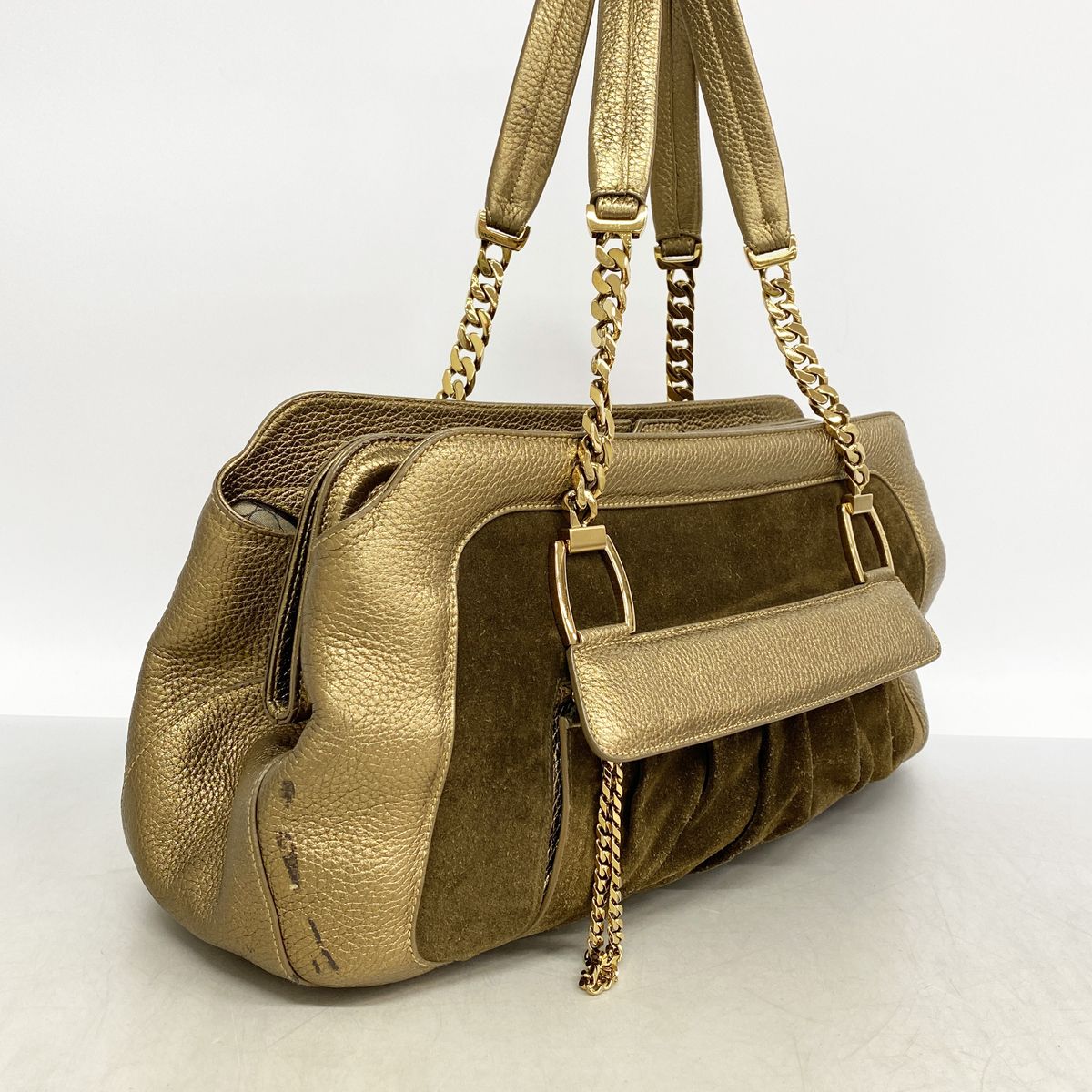 Cartier Shoulder Bag Ladogna Suede Leather Brown Metallic Gold — view 2