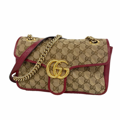 Gucci Shoulder Bag GG Canvas Marmont Beige Red Gold