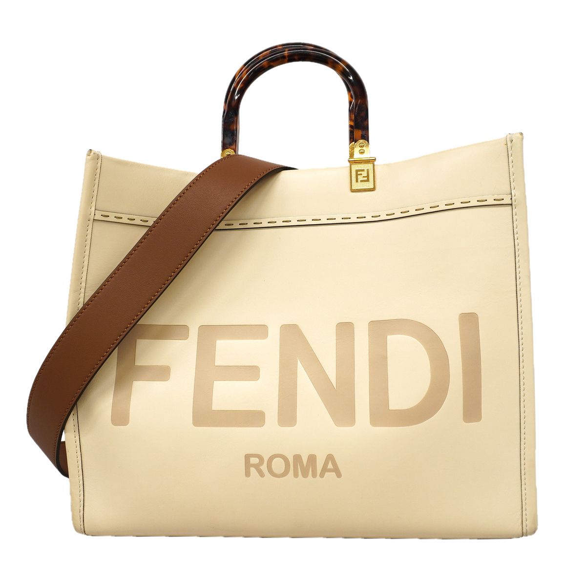Fendi Tote Bag Sunshine Leather Ivory Gold 2-Way
