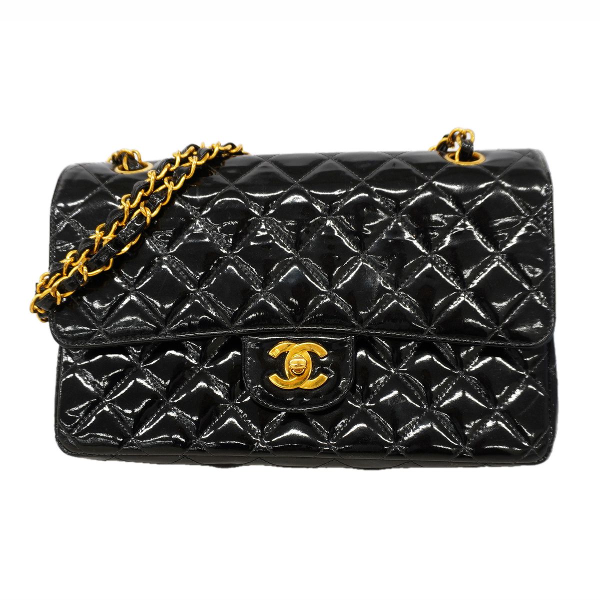 Chanel Shoulder Bag Quilted Patent Leather Black Gold