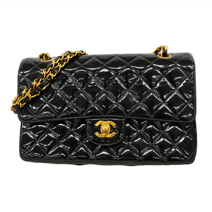 Chanel Shoulder Bag Quilted Patent Leather Black Gold