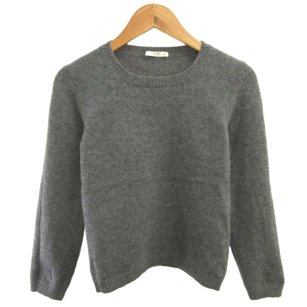 Prada Cashmere Knit Elbow Patch Long Sleeve Gray Round Neck Top Sweater 38