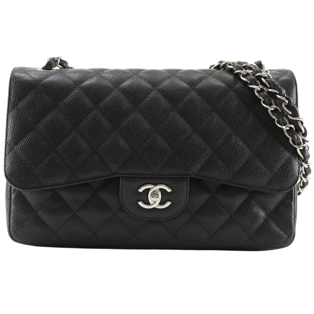Chanel Double Flap Chain Shoulder Bag Quilted Classic Caviar Leather Black