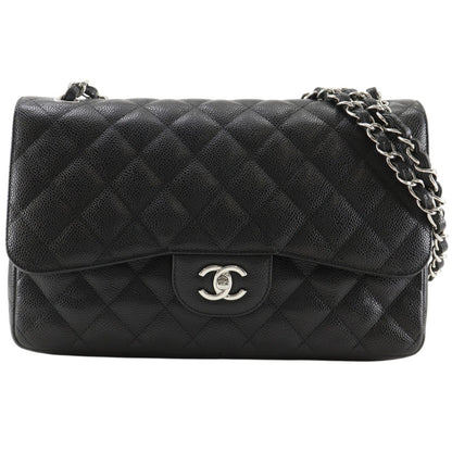 Chanel Double Flap Chain Shoulder Bag Quilted Classic Caviar Leather Black